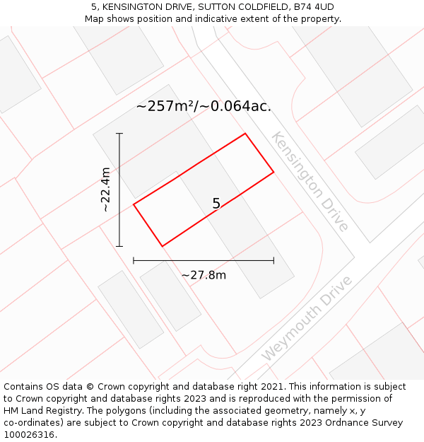 5, KENSINGTON DRIVE, SUTTON COLDFIELD, B74 4UD: Plot and title map