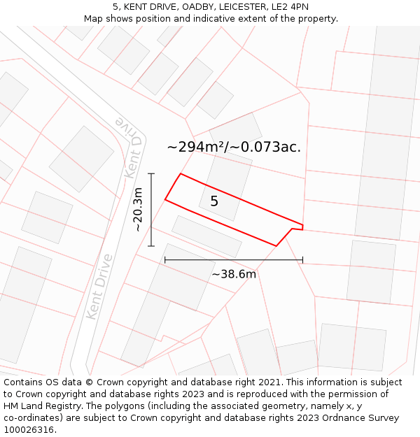 5, KENT DRIVE, OADBY, LEICESTER, LE2 4PN: Plot and title map