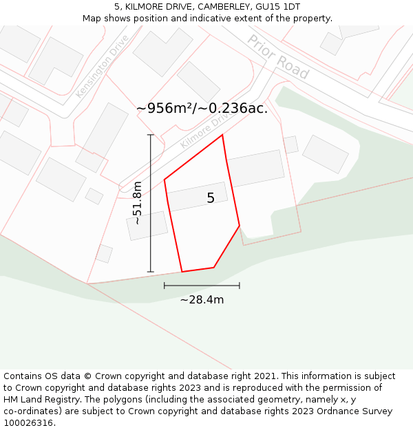 5, KILMORE DRIVE, CAMBERLEY, GU15 1DT: Plot and title map