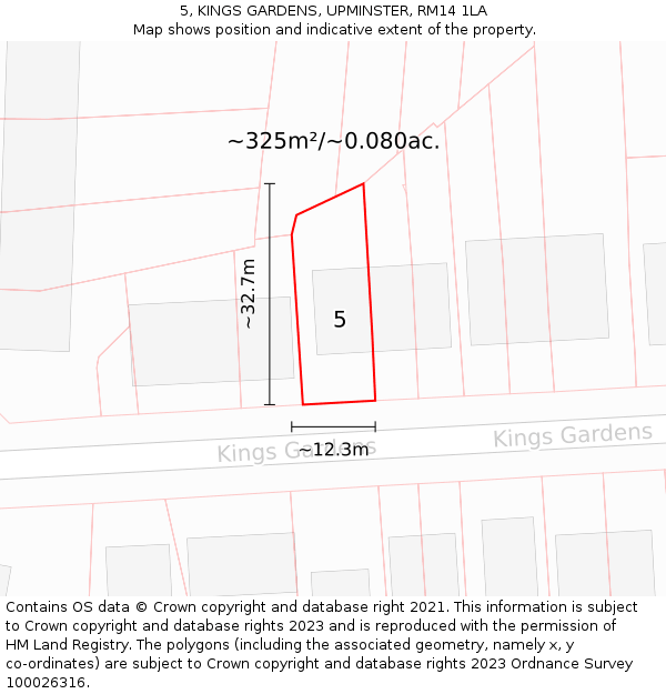 5, KINGS GARDENS, UPMINSTER, RM14 1LA: Plot and title map