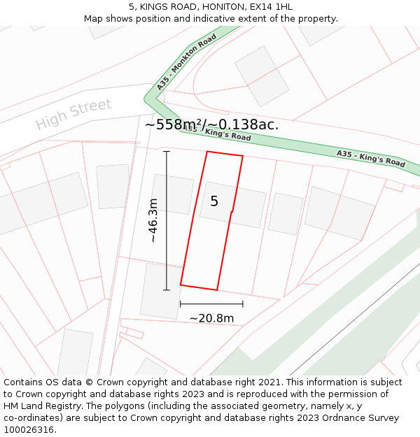 5, KINGS ROAD, HONITON, EX14 1HL: Plot and title map