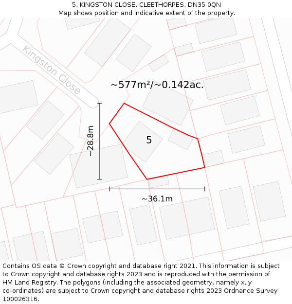 5, KINGSTON CLOSE, CLEETHORPES, DN35 0QN: Plot and title map