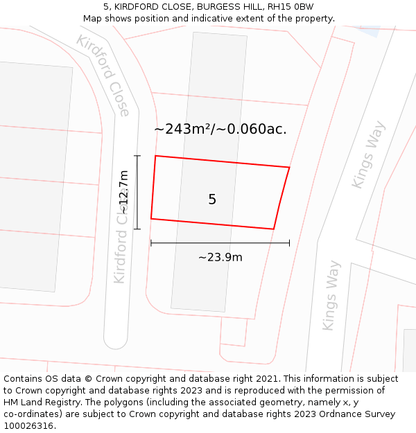 5, KIRDFORD CLOSE, BURGESS HILL, RH15 0BW: Plot and title map