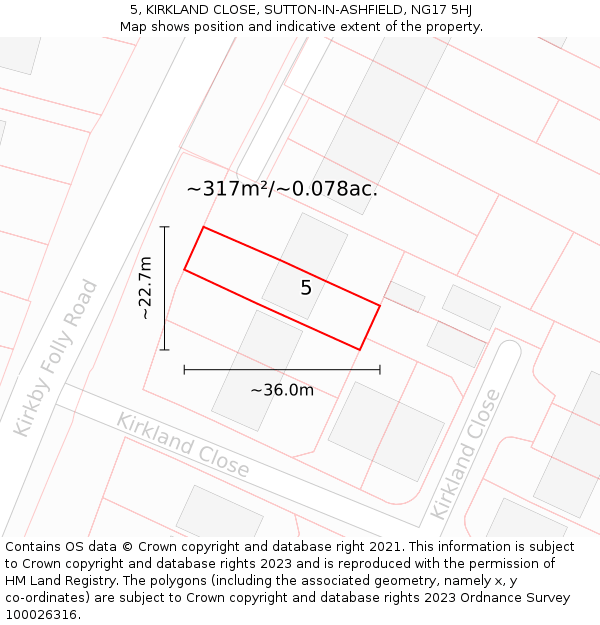 5, KIRKLAND CLOSE, SUTTON-IN-ASHFIELD, NG17 5HJ: Plot and title map