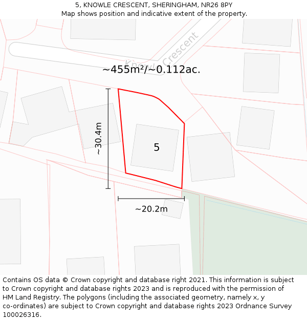 5, KNOWLE CRESCENT, SHERINGHAM, NR26 8PY: Plot and title map