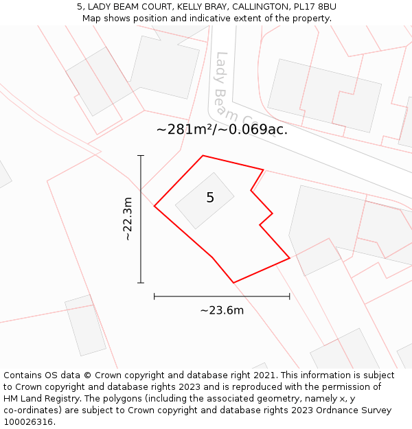 5, LADY BEAM COURT, KELLY BRAY, CALLINGTON, PL17 8BU: Plot and title map