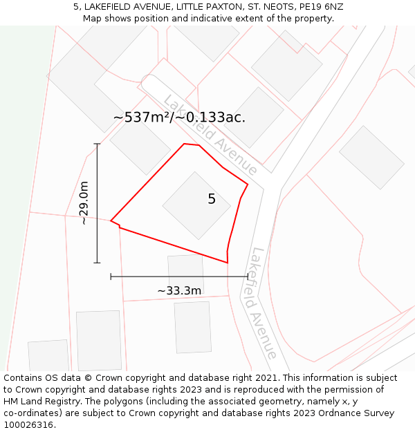 5, LAKEFIELD AVENUE, LITTLE PAXTON, ST. NEOTS, PE19 6NZ: Plot and title map