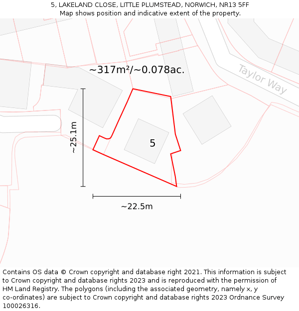 5, LAKELAND CLOSE, LITTLE PLUMSTEAD, NORWICH, NR13 5FF: Plot and title map