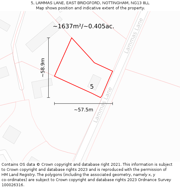 5, LAMMAS LANE, EAST BRIDGFORD, NOTTINGHAM, NG13 8LL: Plot and title map