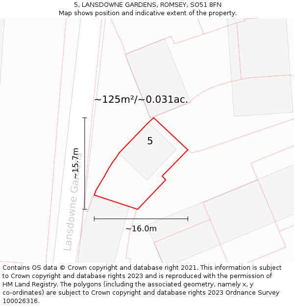 5, LANSDOWNE GARDENS, ROMSEY, SO51 8FN: Plot and title map