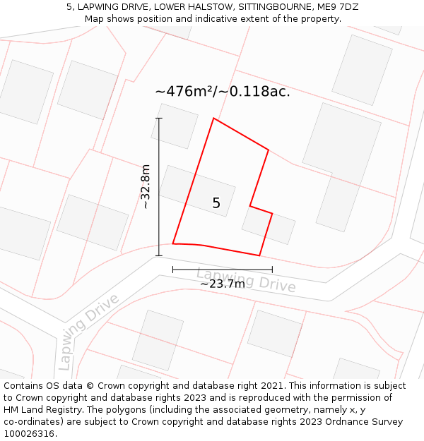 5, LAPWING DRIVE, LOWER HALSTOW, SITTINGBOURNE, ME9 7DZ: Plot and title map