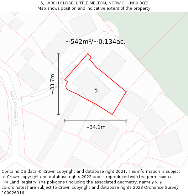 5, LARCH CLOSE, LITTLE MELTON, NORWICH, NR9 3QZ: Plot and title map