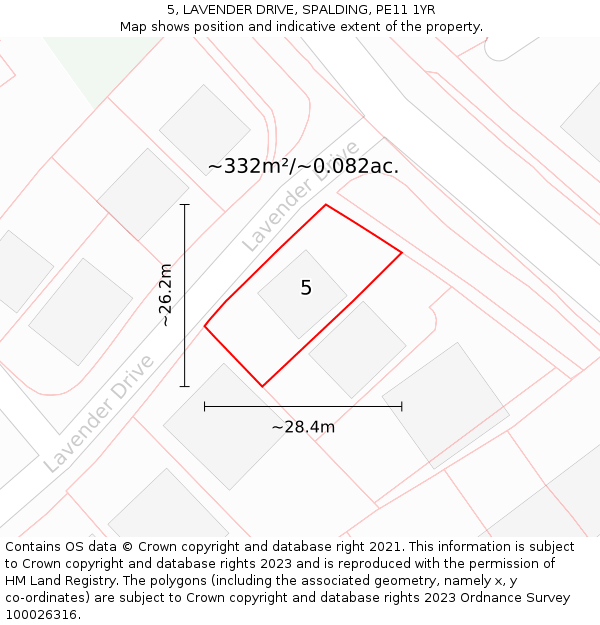 5, LAVENDER DRIVE, SPALDING, PE11 1YR: Plot and title map