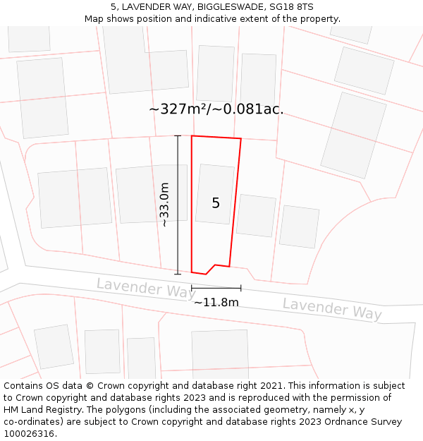 5, LAVENDER WAY, BIGGLESWADE, SG18 8TS: Plot and title map