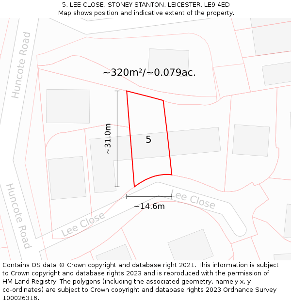 5, LEE CLOSE, STONEY STANTON, LEICESTER, LE9 4ED: Plot and title map