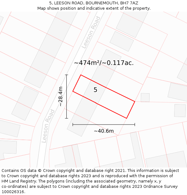 5, LEESON ROAD, BOURNEMOUTH, BH7 7AZ: Plot and title map
