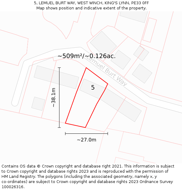 5, LEMUEL BURT WAY, WEST WINCH, KING'S LYNN, PE33 0FF: Plot and title map