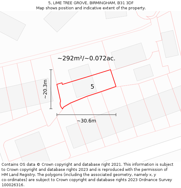 5, LIME TREE GROVE, BIRMINGHAM, B31 3DF: Plot and title map