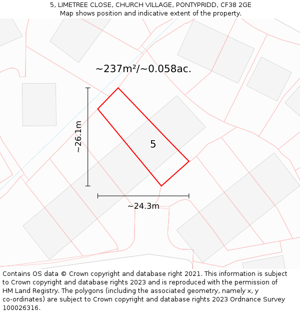 5, LIMETREE CLOSE, CHURCH VILLAGE, PONTYPRIDD, CF38 2GE: Plot and title map