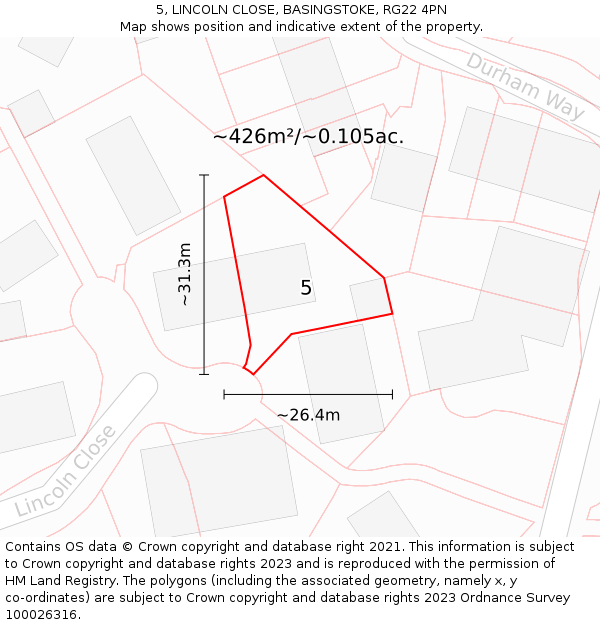 5, LINCOLN CLOSE, BASINGSTOKE, RG22 4PN: Plot and title map