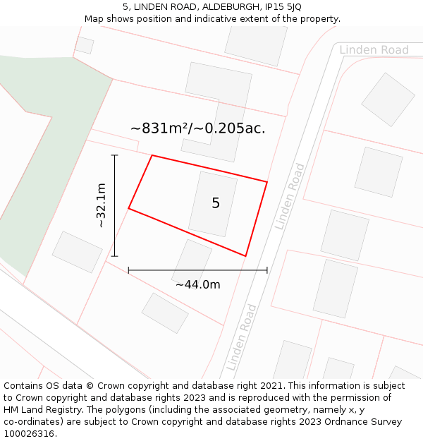 5, LINDEN ROAD, ALDEBURGH, IP15 5JQ: Plot and title map