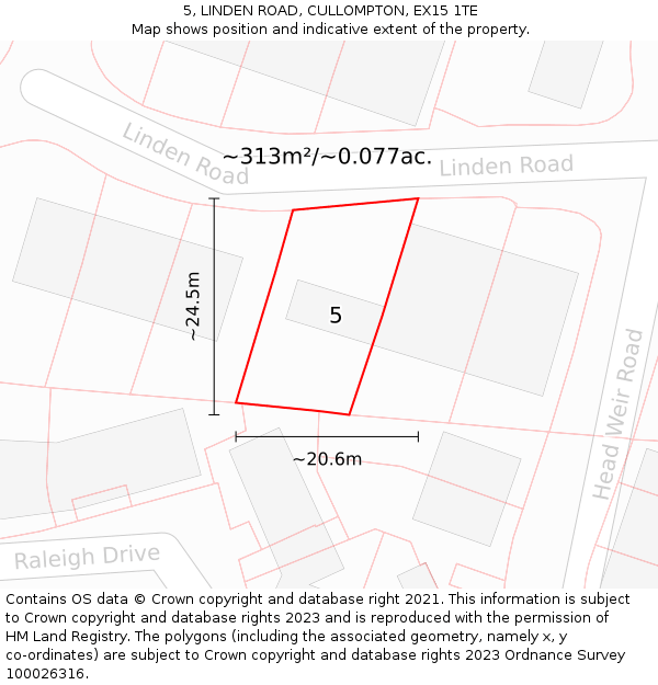 5, LINDEN ROAD, CULLOMPTON, EX15 1TE: Plot and title map