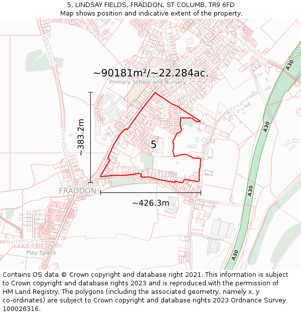 5, LINDSAY FIELDS, FRADDON, ST COLUMB, TR9 6FD: Plot and title map