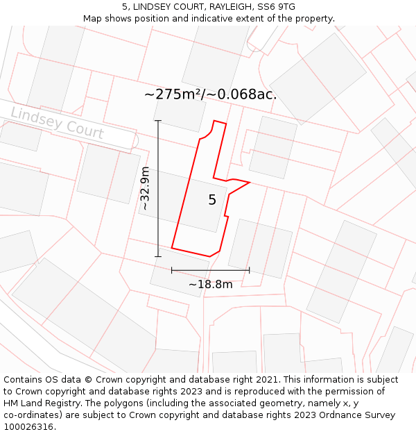 5, LINDSEY COURT, RAYLEIGH, SS6 9TG: Plot and title map