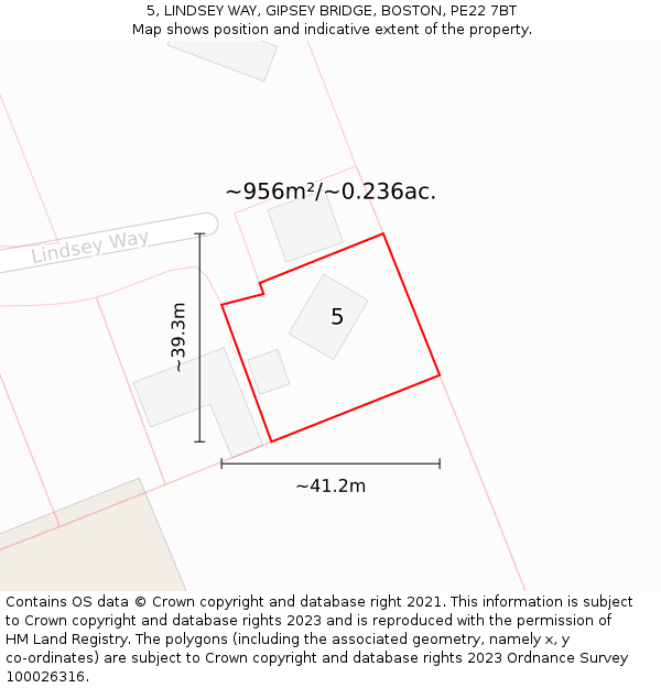 5, LINDSEY WAY, GIPSEY BRIDGE, BOSTON, PE22 7BT: Plot and title map