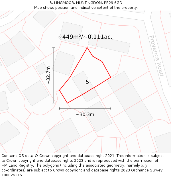 5, LINGMOOR, HUNTINGDON, PE29 6GD: Plot and title map