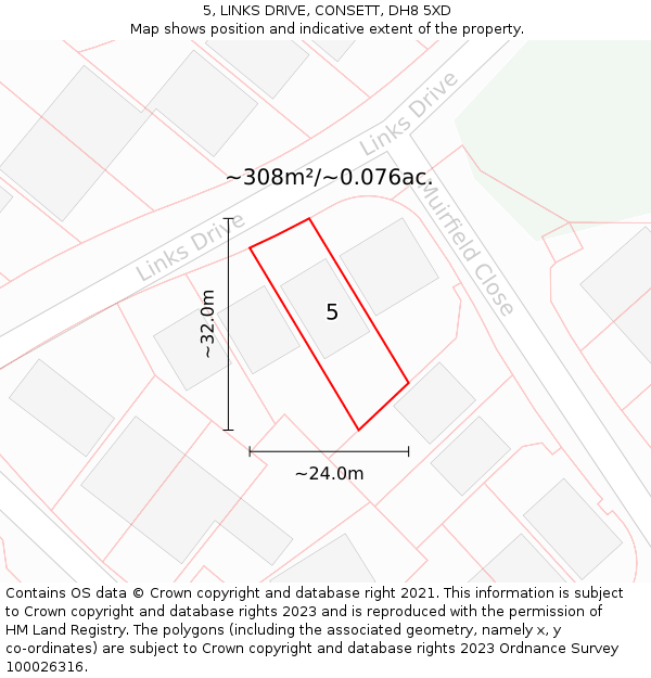 5, LINKS DRIVE, CONSETT, DH8 5XD: Plot and title map