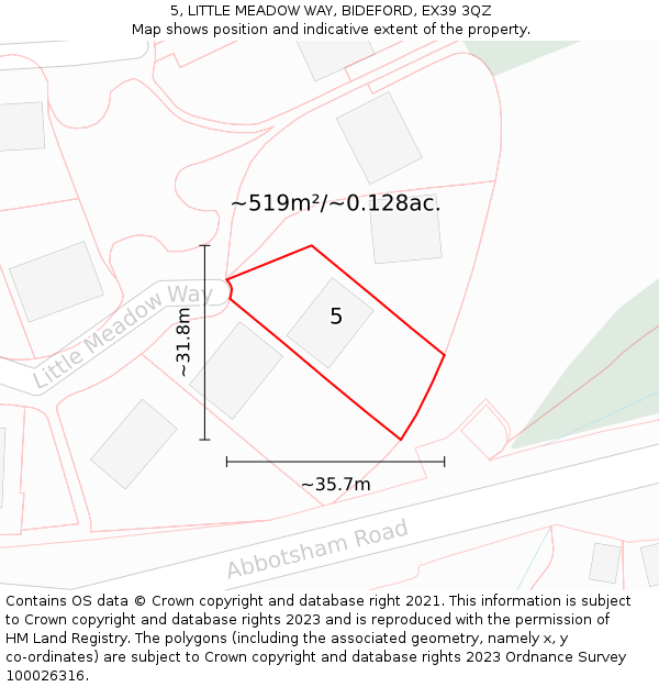 5, LITTLE MEADOW WAY, BIDEFORD, EX39 3QZ: Plot and title map