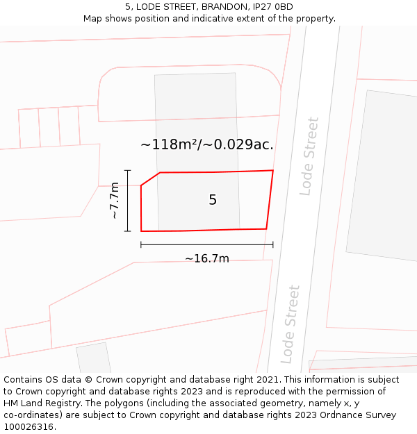 5, LODE STREET, BRANDON, IP27 0BD: Plot and title map