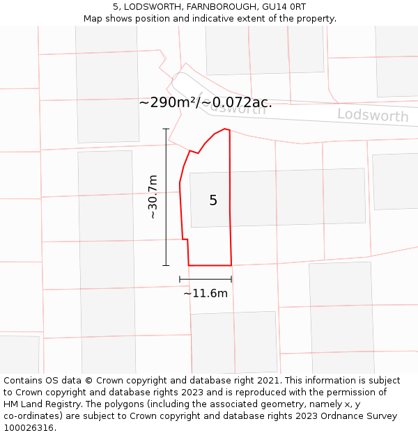 5, LODSWORTH, FARNBOROUGH, GU14 0RT: Plot and title map