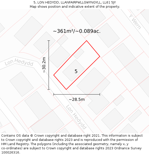 5, LON HEDYDD, LLANFAIRPWLLGWYNGYLL, LL61 5JY: Plot and title map