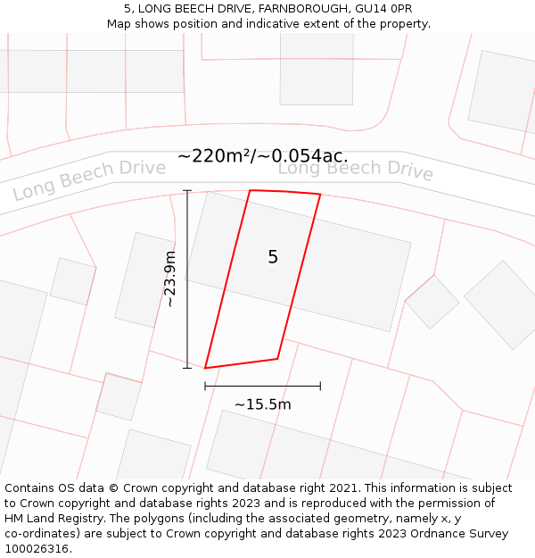 5, LONG BEECH DRIVE, FARNBOROUGH, GU14 0PR: Plot and title map