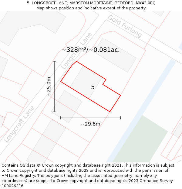 5, LONGCROFT LANE, MARSTON MORETAINE, BEDFORD, MK43 0RQ: Plot and title map