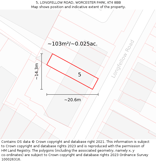 5, LONGFELLOW ROAD, WORCESTER PARK, KT4 8BB: Plot and title map