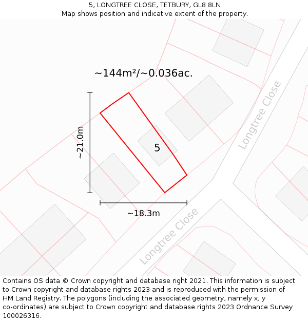 5, LONGTREE CLOSE, TETBURY, GL8 8LN: Plot and title map