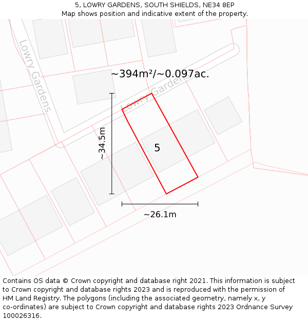 5, LOWRY GARDENS, SOUTH SHIELDS, NE34 8EP: Plot and title map