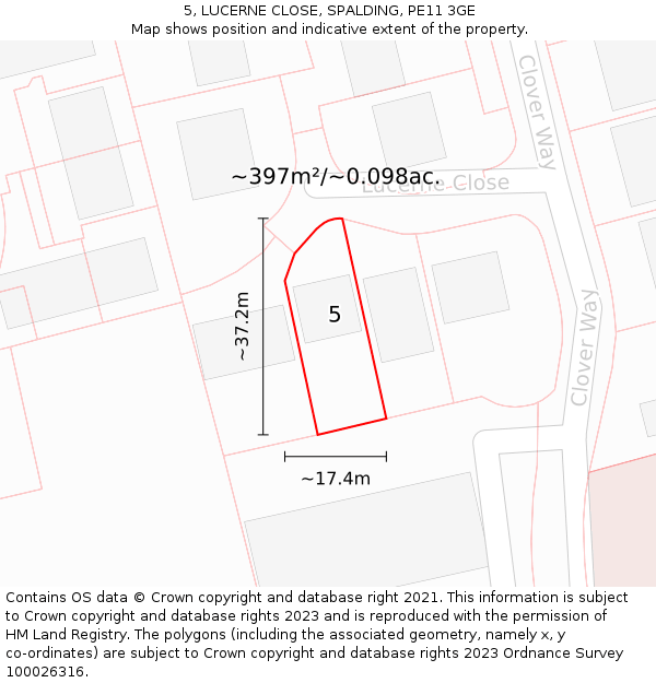 5, LUCERNE CLOSE, SPALDING, PE11 3GE: Plot and title map