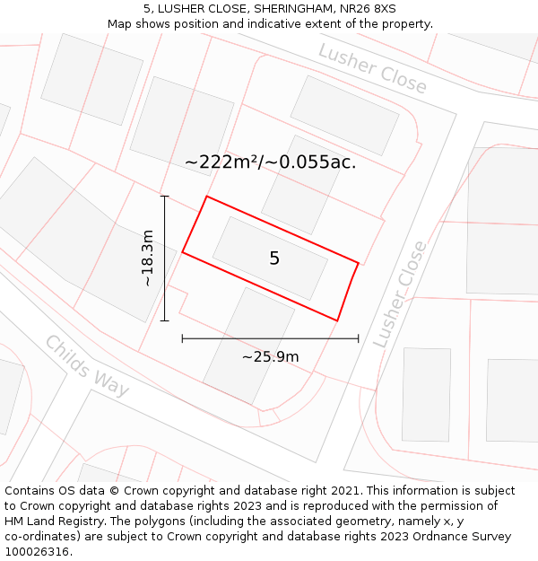 5, LUSHER CLOSE, SHERINGHAM, NR26 8XS: Plot and title map