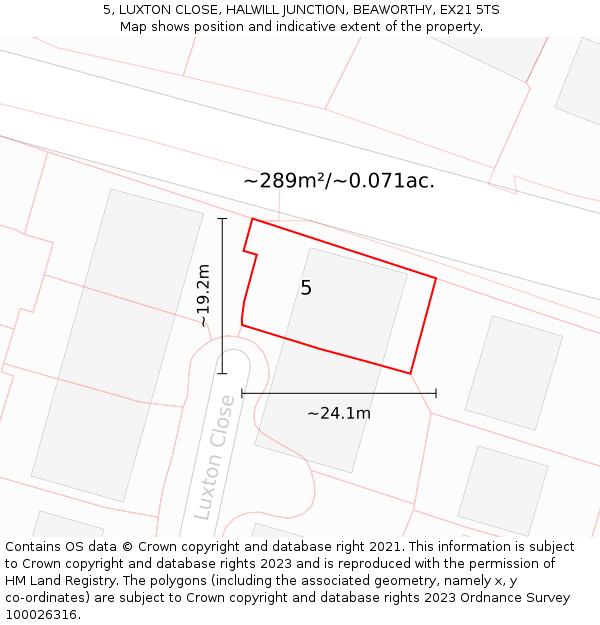 5, LUXTON CLOSE, HALWILL JUNCTION, BEAWORTHY, EX21 5TS: Plot and title map