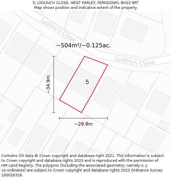5, LYDLINCH CLOSE, WEST PARLEY, FERNDOWN, BH22 8RT: Plot and title map