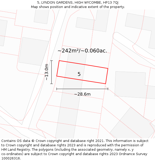 5, LYNDON GARDENS, HIGH WYCOMBE, HP13 7QJ: Plot and title map