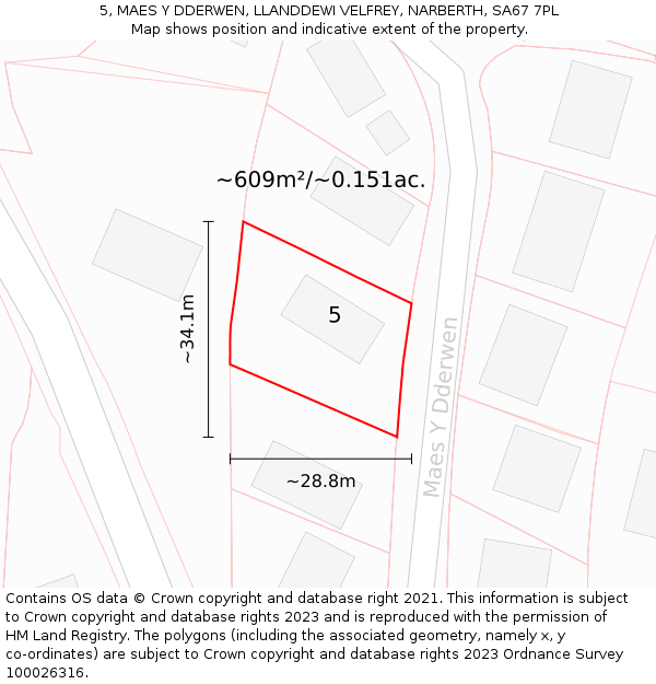 5, MAES Y DDERWEN, LLANDDEWI VELFREY, NARBERTH, SA67 7PL: Plot and title map