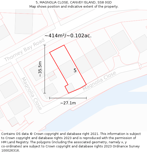 5, MAGNOLIA CLOSE, CANVEY ISLAND, SS8 0GD: Plot and title map