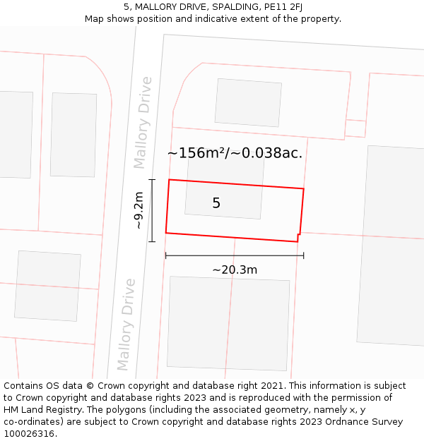 5, MALLORY DRIVE, SPALDING, PE11 2FJ: Plot and title map