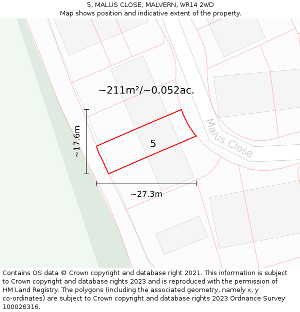 5, MALUS CLOSE, MALVERN, WR14 2WD: Plot and title map