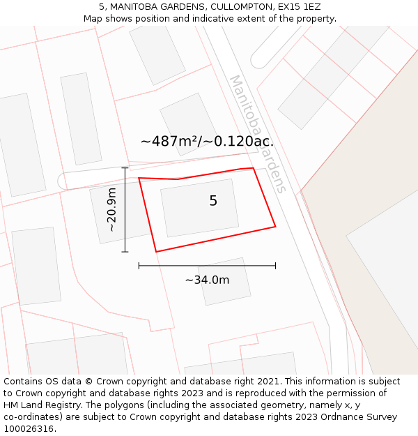 5, MANITOBA GARDENS, CULLOMPTON, EX15 1EZ: Plot and title map